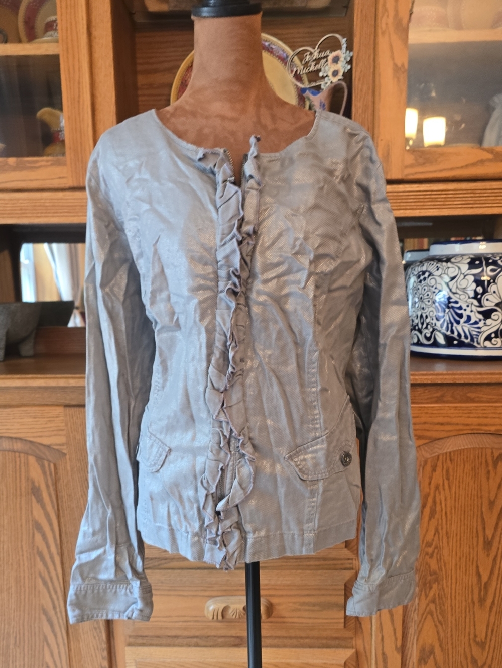 Lane Bryant Light Gray Ruffle-Front Jean Jacket